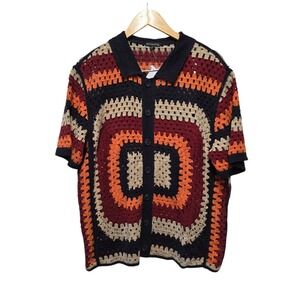 MORSECODE Crochet Sweater Men's Shirt MEDIUM Boho Granny Square